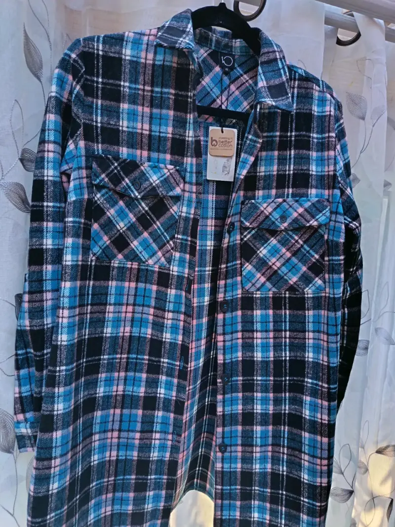 Camisa de franela a cuadros azul y rosa - 1