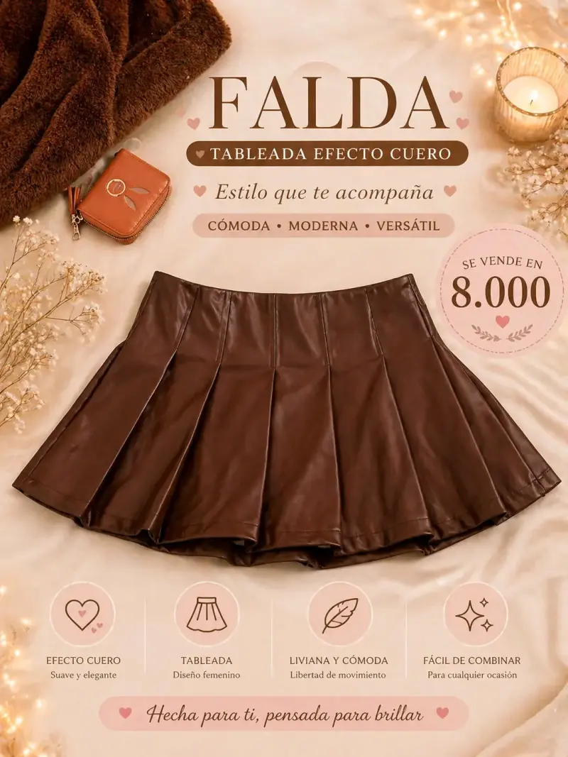 Falda tableada efecto cuero negro.