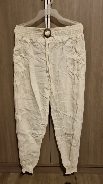 Pantalones blancos de lino elasticados - miniatura 1