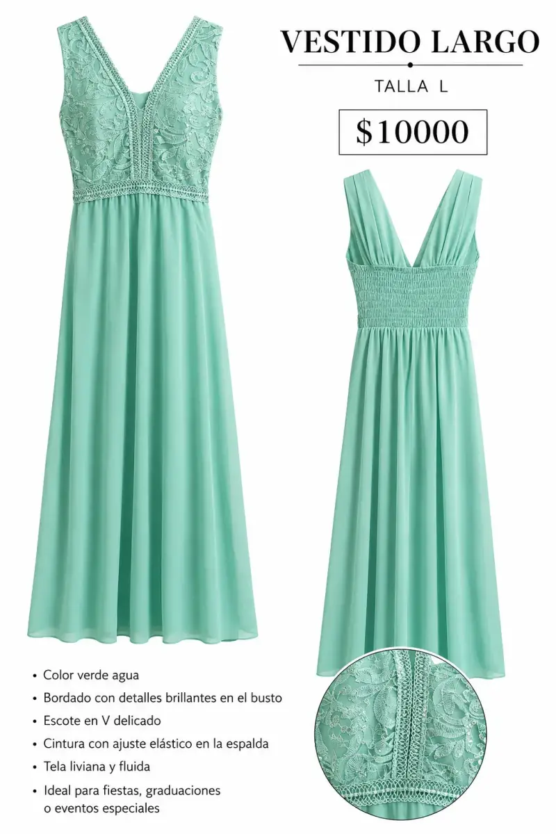 Vestido largo verde agua con bordado