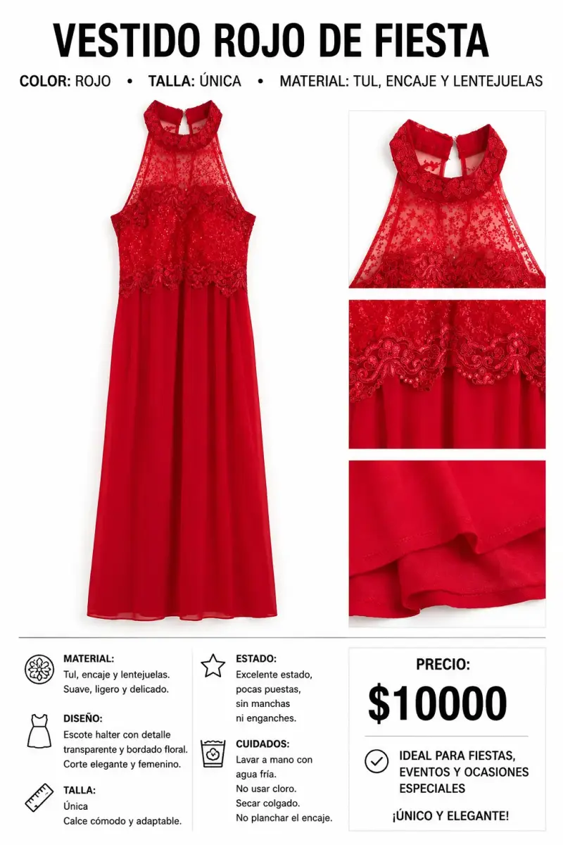 Vestido rojo de fiesta con encaje y lentejuelas