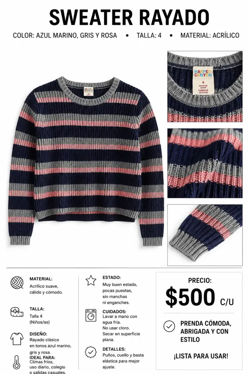 Sweater rayado infantil azul marino y rosa