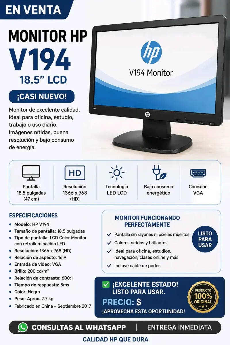 Monitor HP V194 18.5" LCD casi nuevo - 1