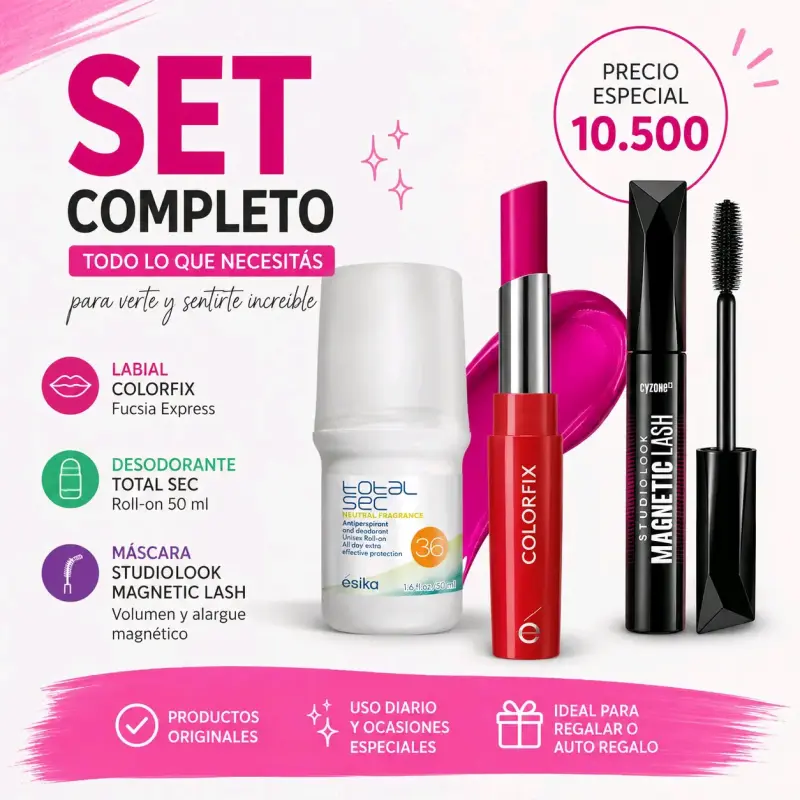 Set de maquillaje completo con labial, desodorante y máscara