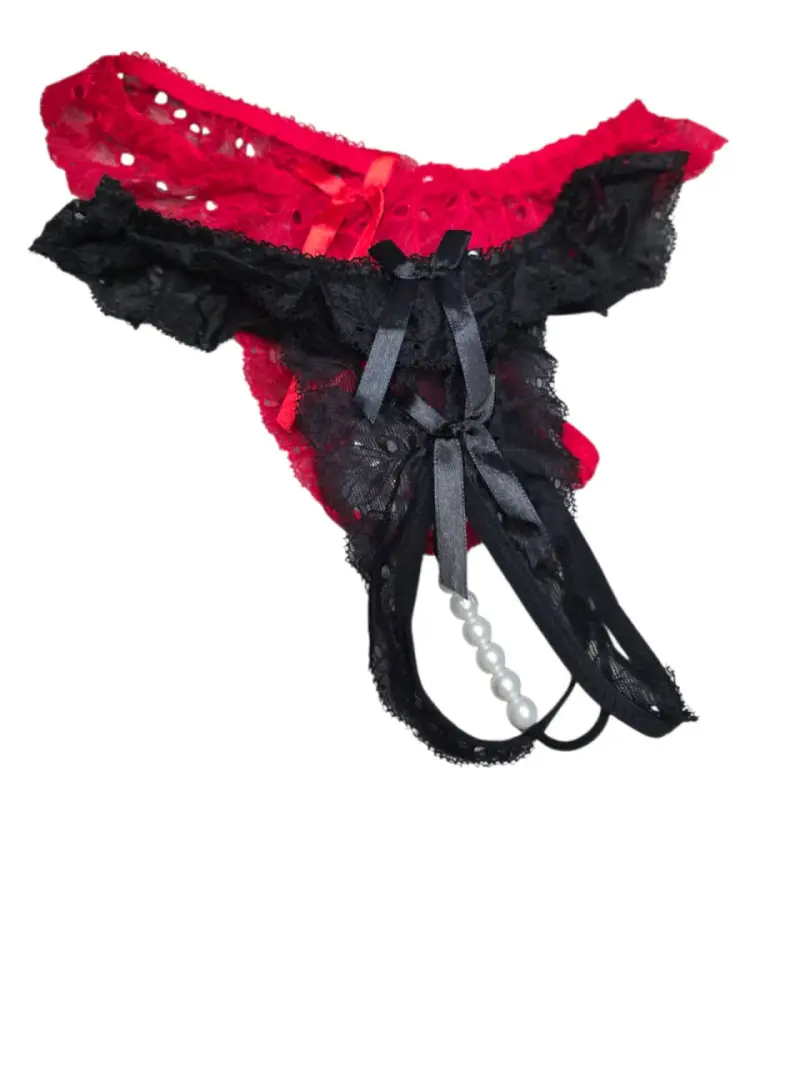 Colales de encaje rojo y negro con perlas