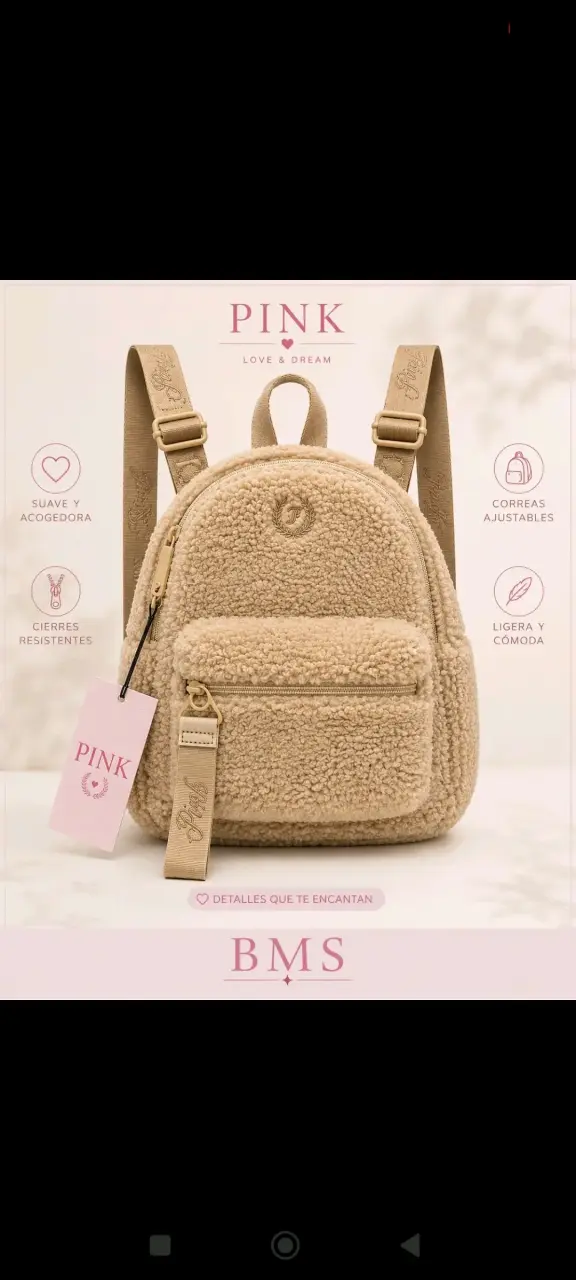 Mochila de felpa beige Pink con correas ajustables - 2