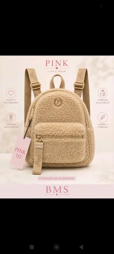 Mochila de felpa beige Pink con correas ajustables - miniatura 2