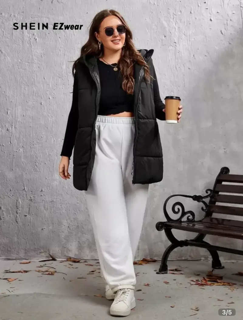Chaqueta larga sin mangas negro con capucha Shein - 1