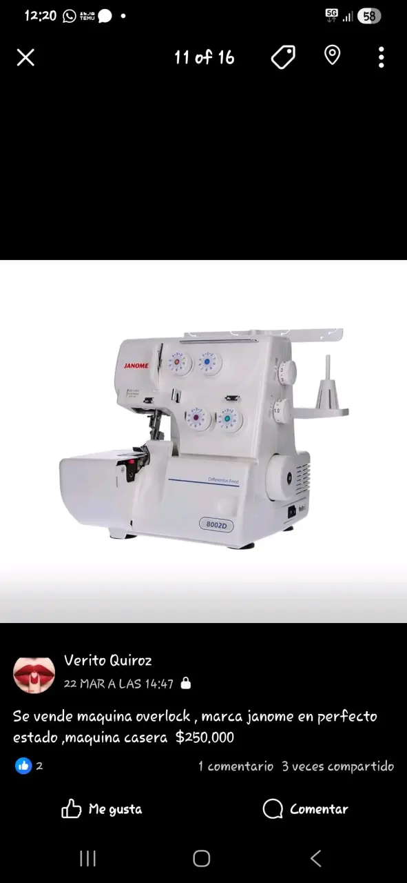 Máquina overlock Janome 8002D en buen estado