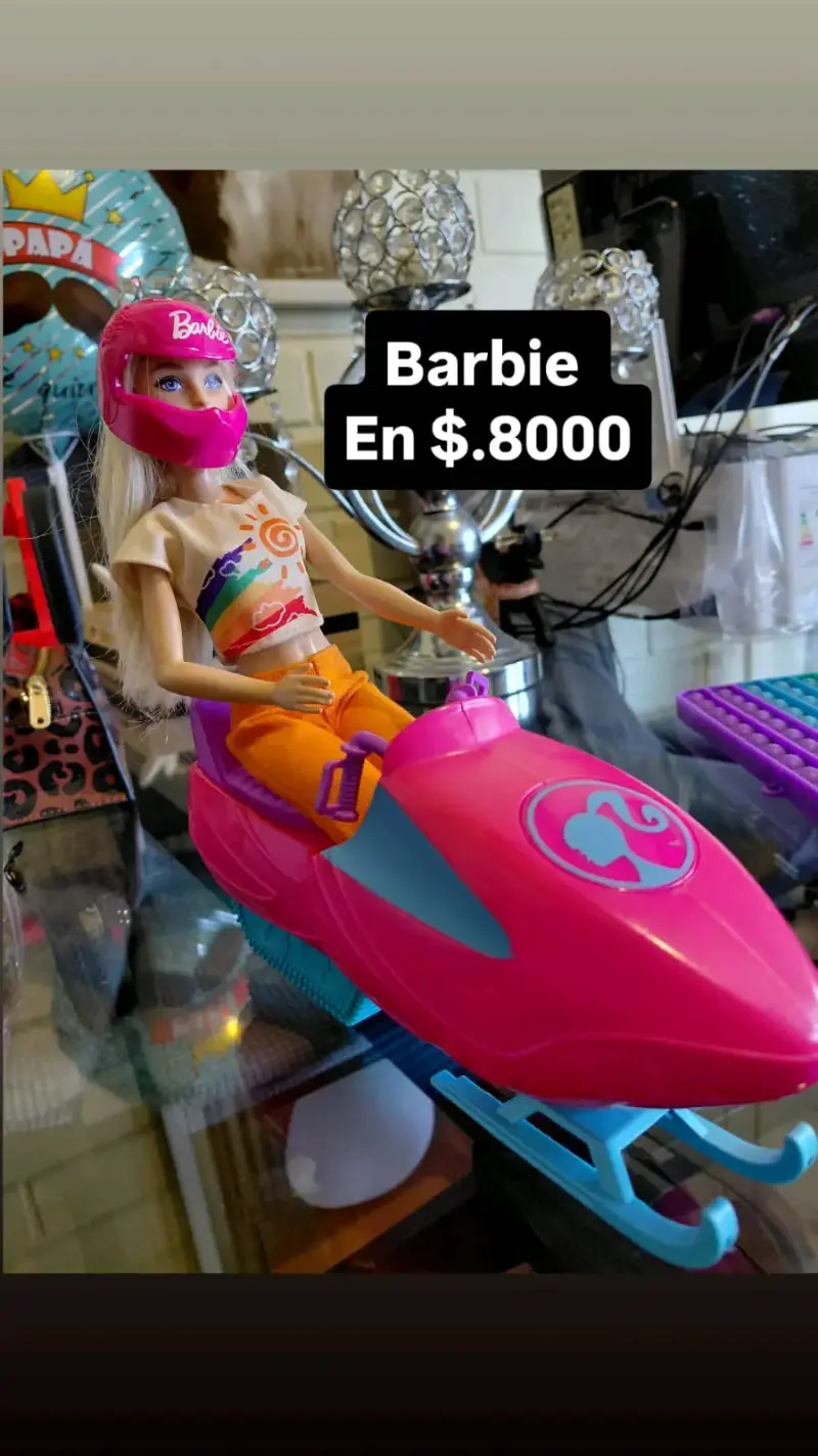 Muñeca Barbie con moto de nieve rosa