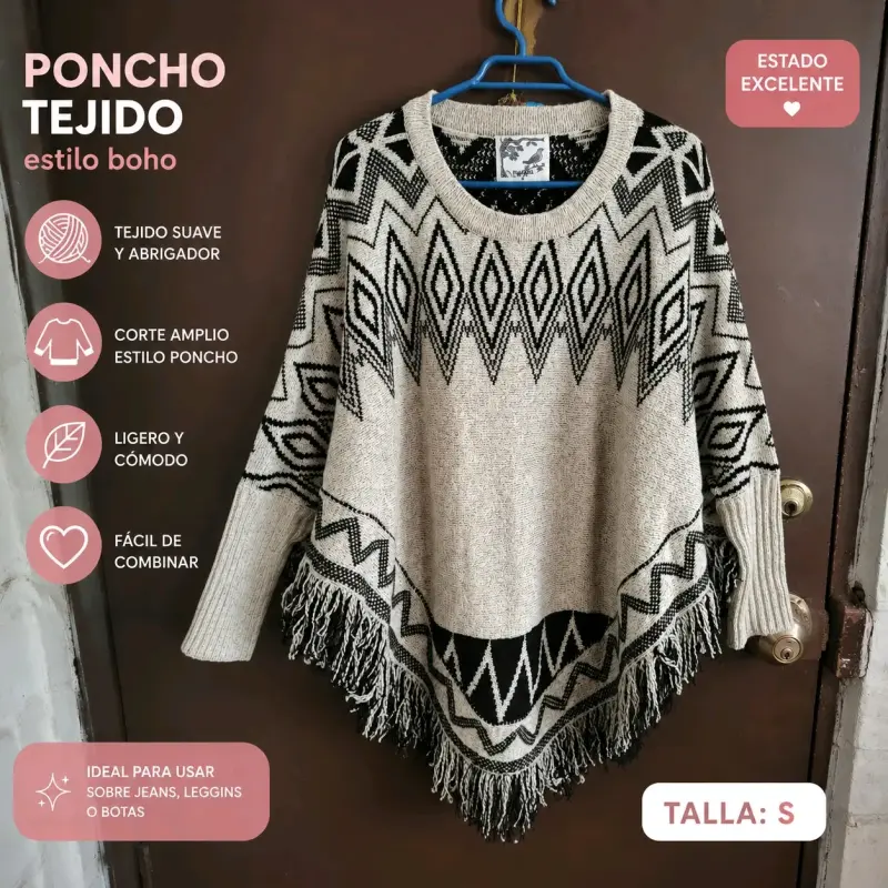 Poncho tejido estilo boho beige y negro
