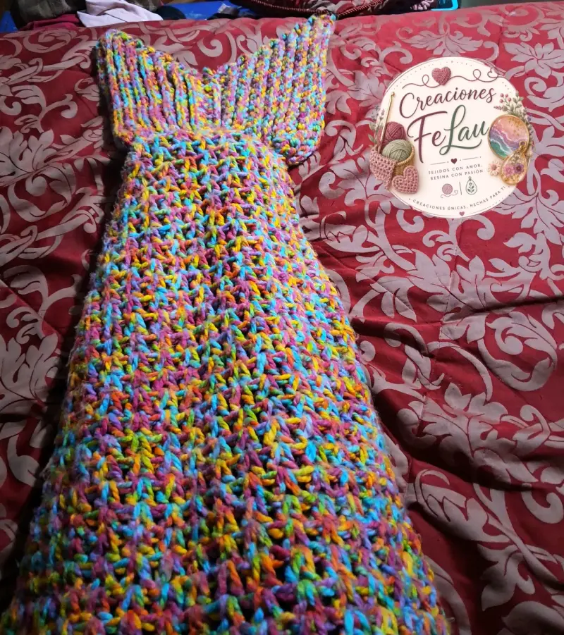 Manta cola de sirena multicolor tejida a mano