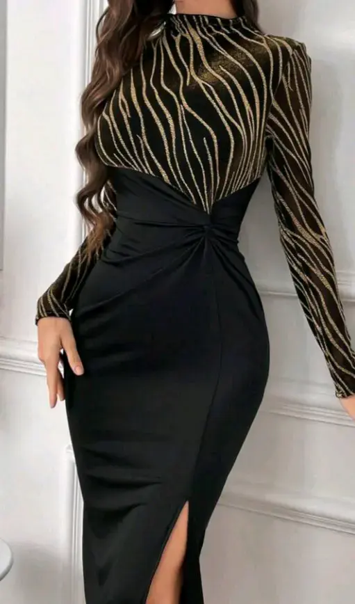 Vestido elegante negro con diseño dorado - 1