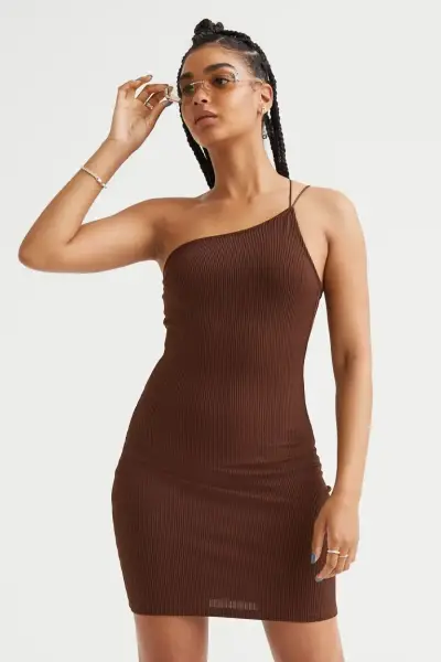 Vestido H&M café de un solo hombro - miniatura 1