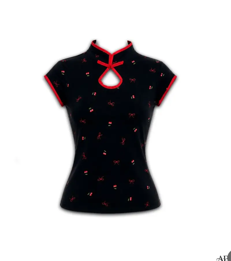 Polera diseño oriental y detalles rojos