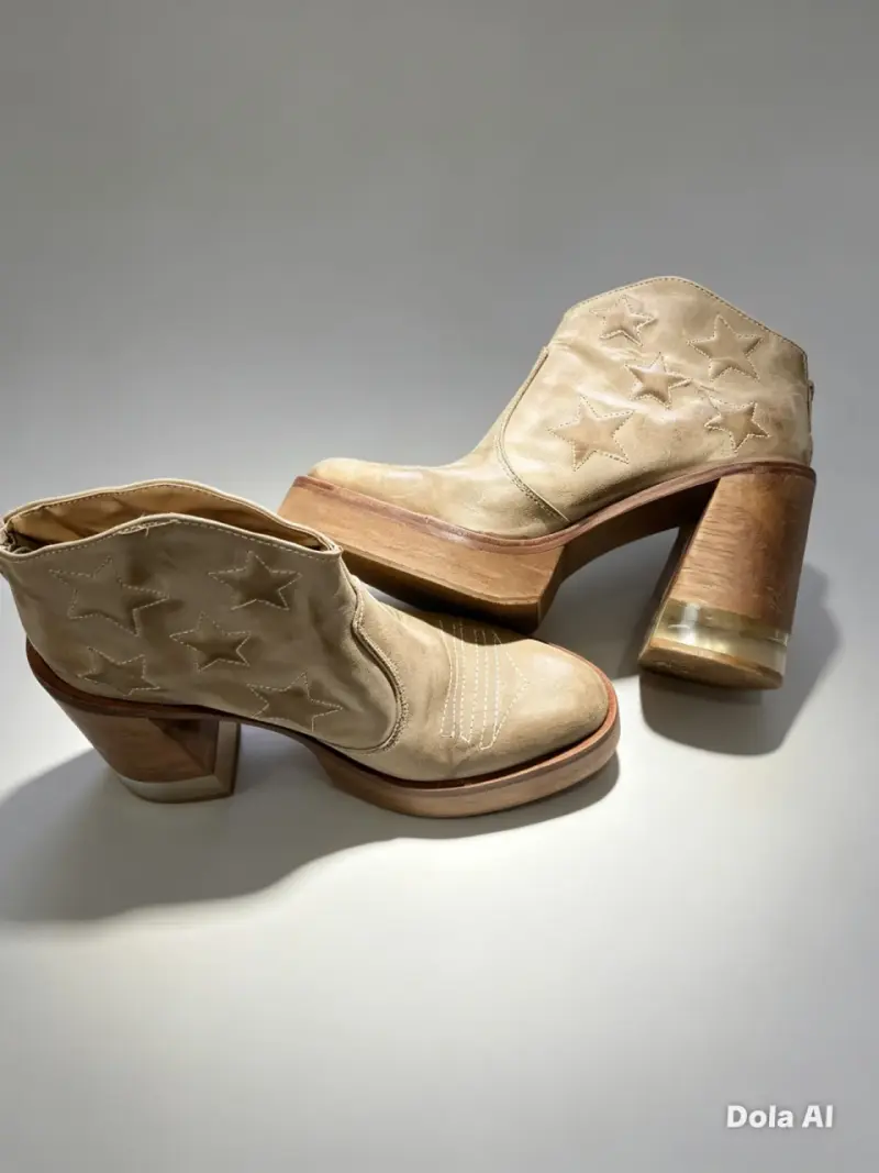 Botines de cuero beige con estrellas - 1