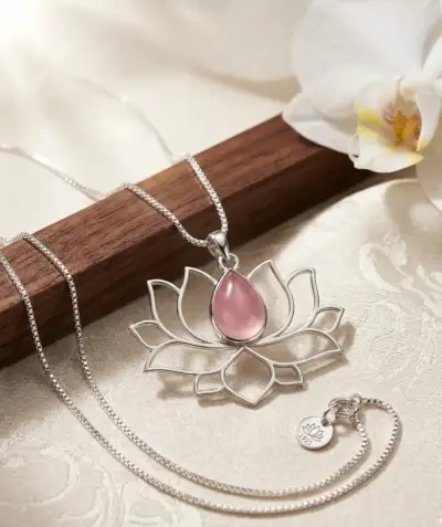 Colgante de plata de flor de loto con cuarzo rosa - miniatura 1