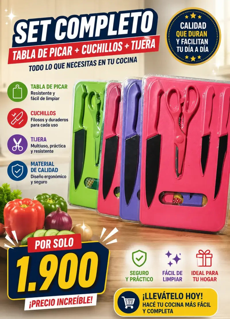 Set completo de cocina con tabla, cuchillos y tijera