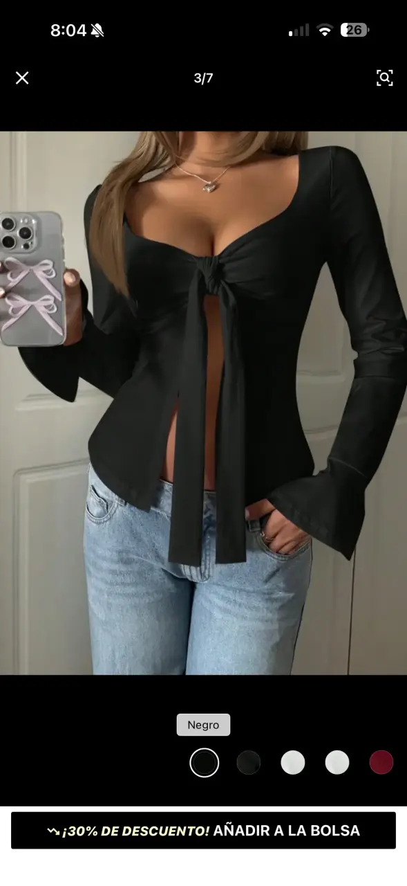 Blusa negra con lazo y mangas acampanadas - 3