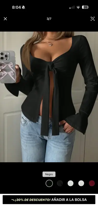 Blusa negra con lazo y mangas acampanadas - miniatura 3