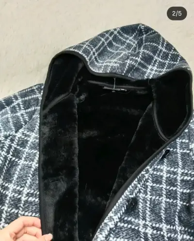 Abrigo de lana a cuadros gris para mujer - miniatura 2