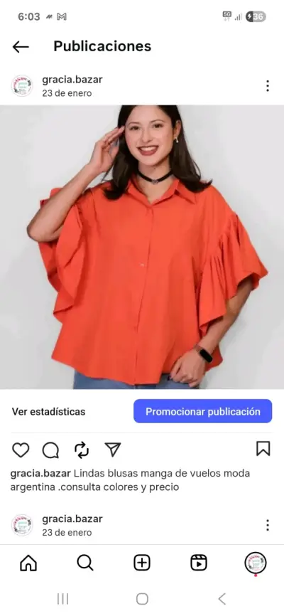Blusa naranjay negra con mangas de vuelo y - miniatura 1