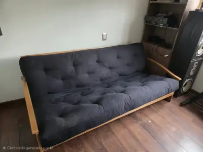 Sofá cama futón de madera y tela negra - miniatura 6