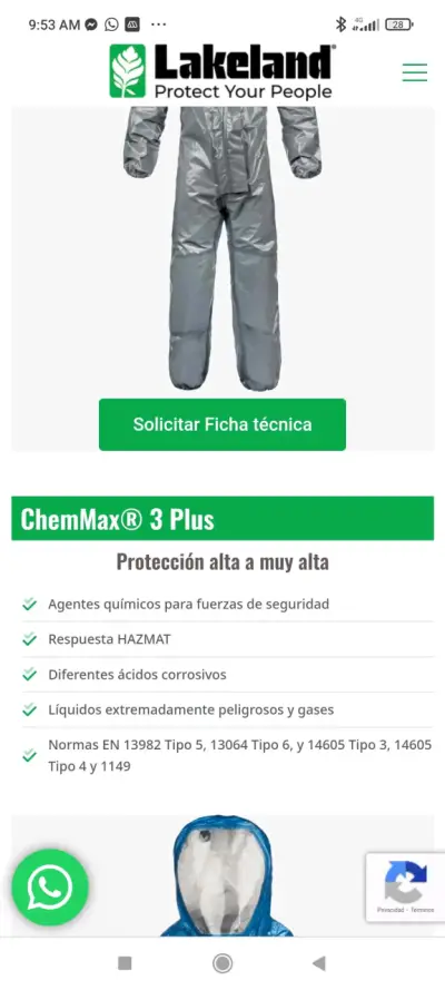 Traje protector químico gris ChemMax 3 - miniatura 2