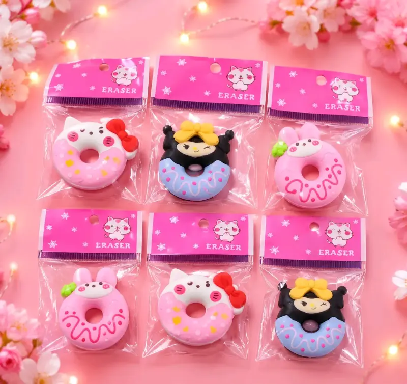 Set de gomas de borrar kawaii con diseño de donuts