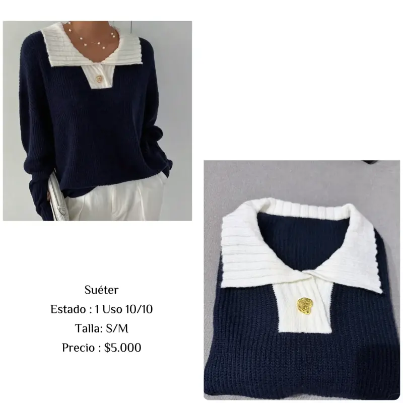 Suéter azul marino con cuello blanco