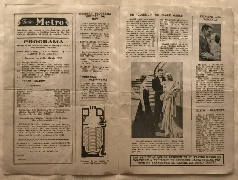 Programa o Noticiario de Cine Metro Año 1936 - 3