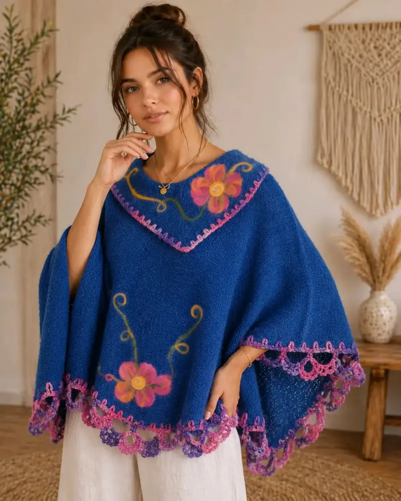 Poncho azul con diseño floral artesanal