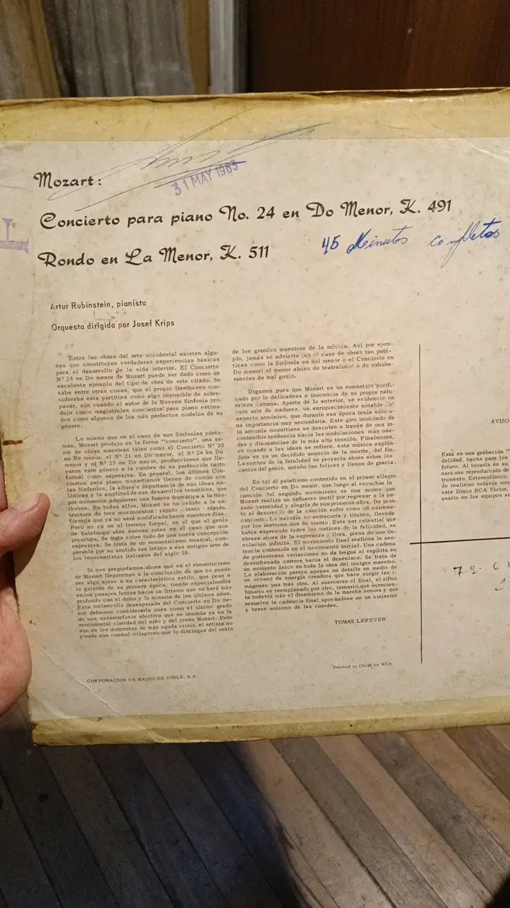 Vinilo Rubinstein Mozart Concierto No. 24 - 2