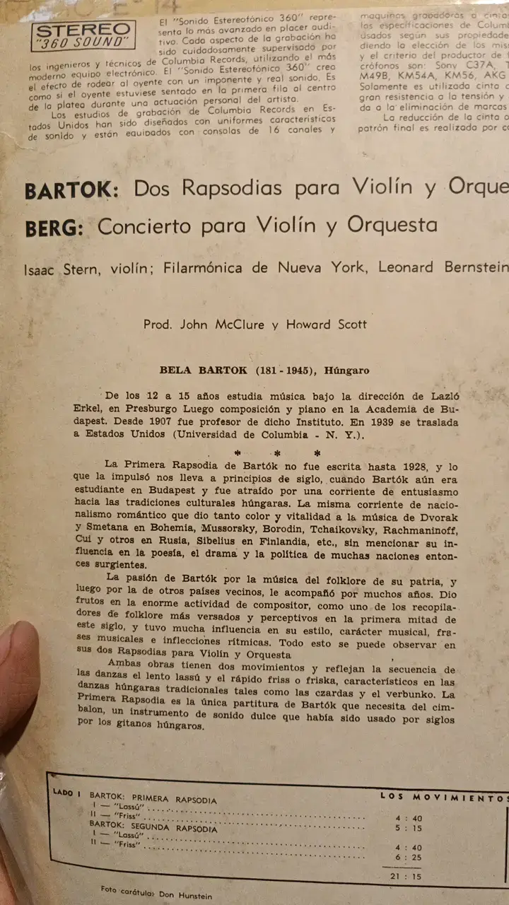 Vinilo Bartók y Berg con Leonard Bernstein - 2
