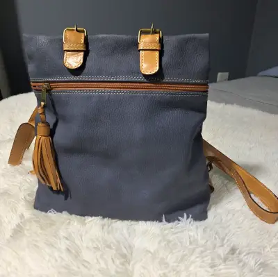 Mochila de cuero azul con detalles marrones - miniatura 3