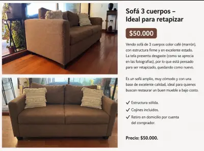 Sofá 3 cuerpos color café – Ideal para retapizar - miniatura 2