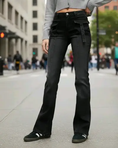 Jeans Flare Cargo Bershka Tiro medio/alto Negro 40 - miniatura 1