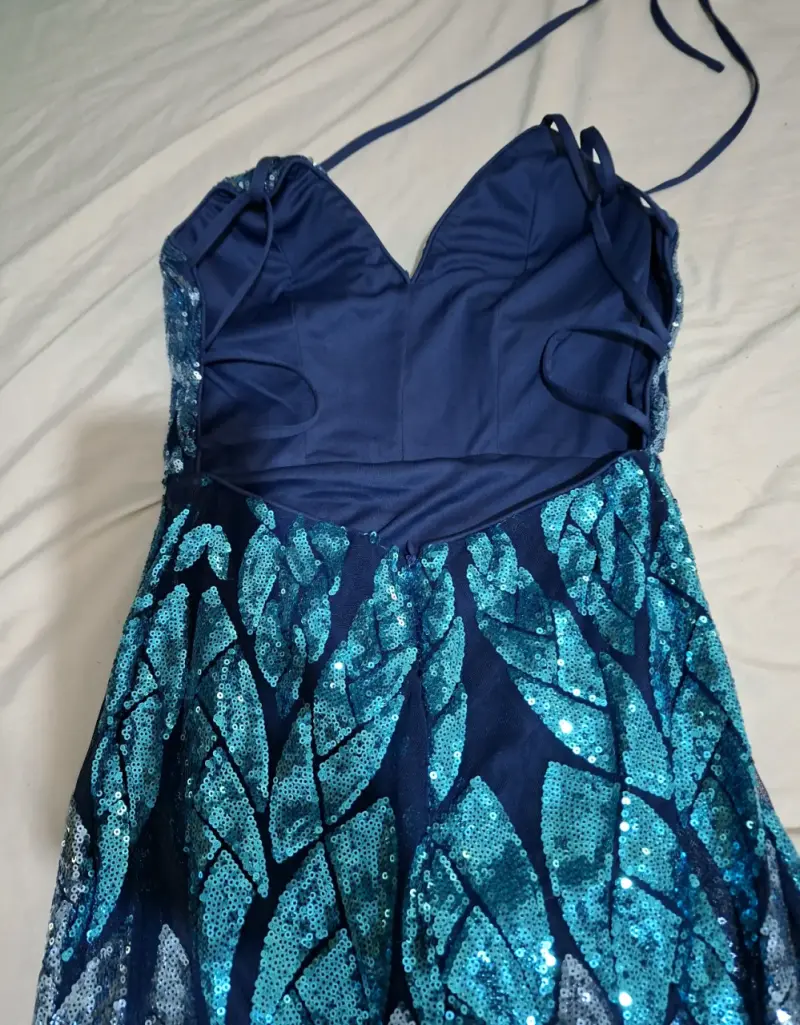 Vestido largo azul lentejuelas corte sirena - 3