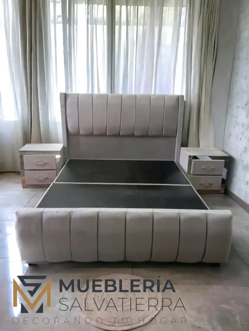 Cama matrimonial tapizada gris con cabecera - 3