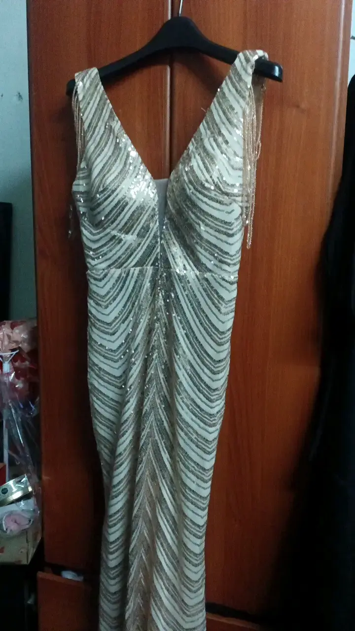 Vestido de fiesta largo con lentejuelas doradas - 2