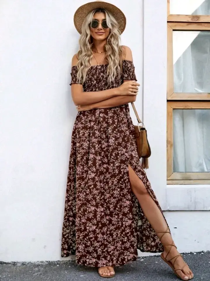 Vestido largo floral bohemio marrón - 3