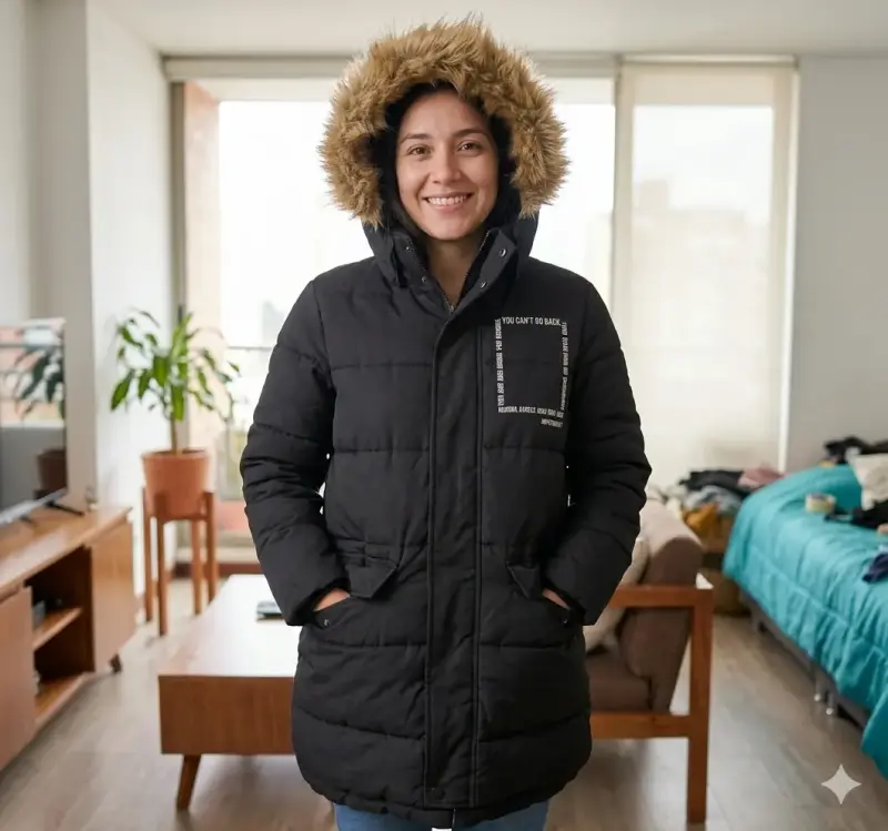 Parka negra con capucha de piel sintética