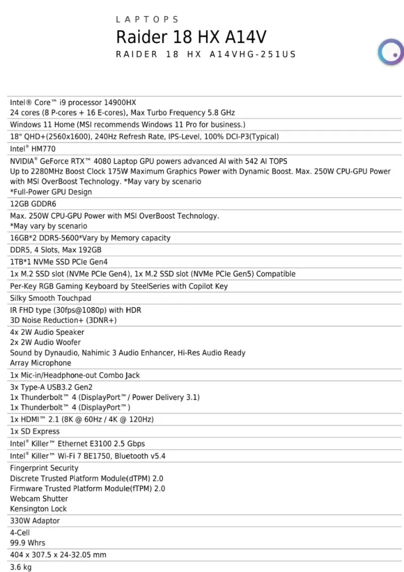 Notebook MSI Raider 18HX A14V I9/4080/64GB/1TB - 5