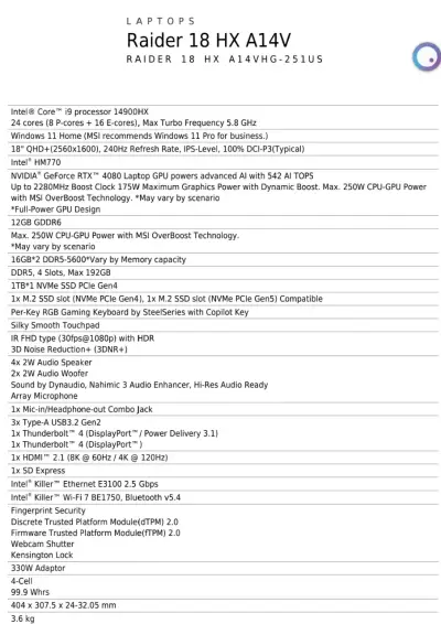 Notebook MSI Raider 18HX A14V I9/4080/64GB/1TB - miniatura 5