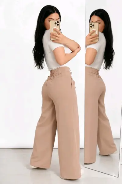 Pantalones palazzo beige de tiro alto - miniatura 1