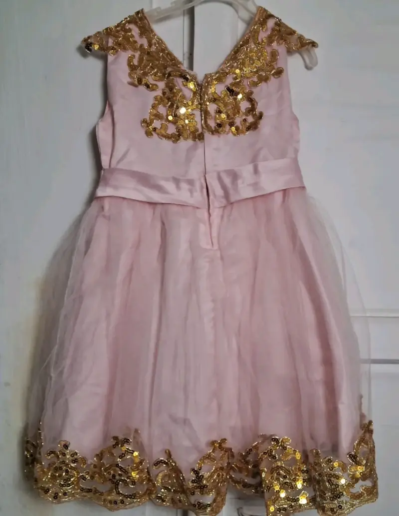 Vestido de fiesta infantil rosa con encaje dorado - 4