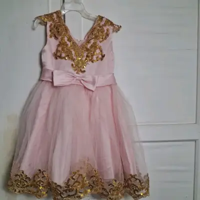 Vestido de fiesta infantil rosa con encaje dorado - miniatura 6