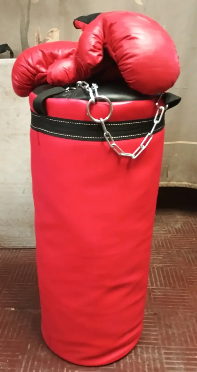 Saco de boxeo con guantes rojos, sin detalles. - 1
