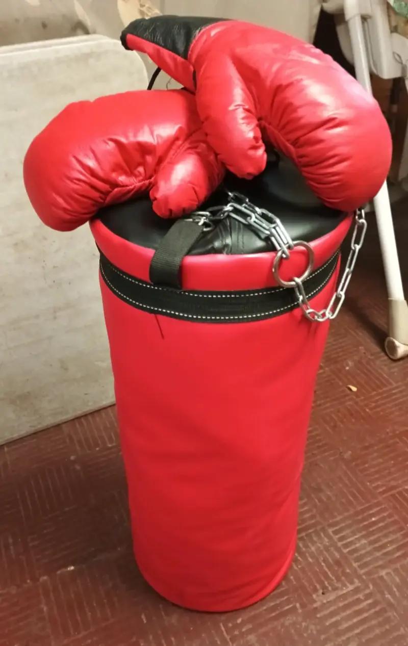 Saco de boxeo con guantes rojos, sin detalles. - 2