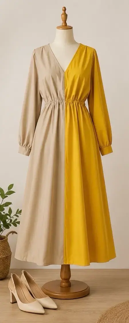 Vestido bicolor beige y amarillo elegante